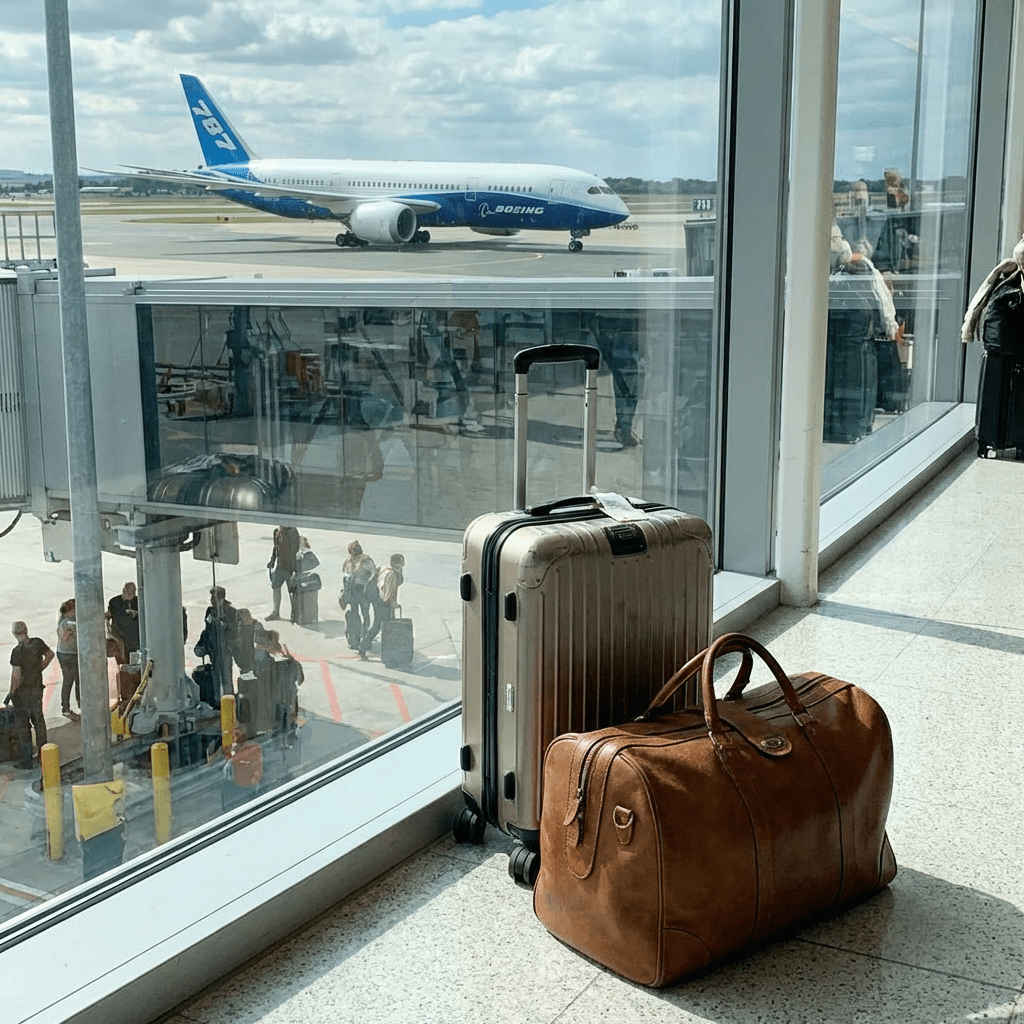 Silver suitcase and brown leather bag by an airport window overlooking a Boeing 787 plane.